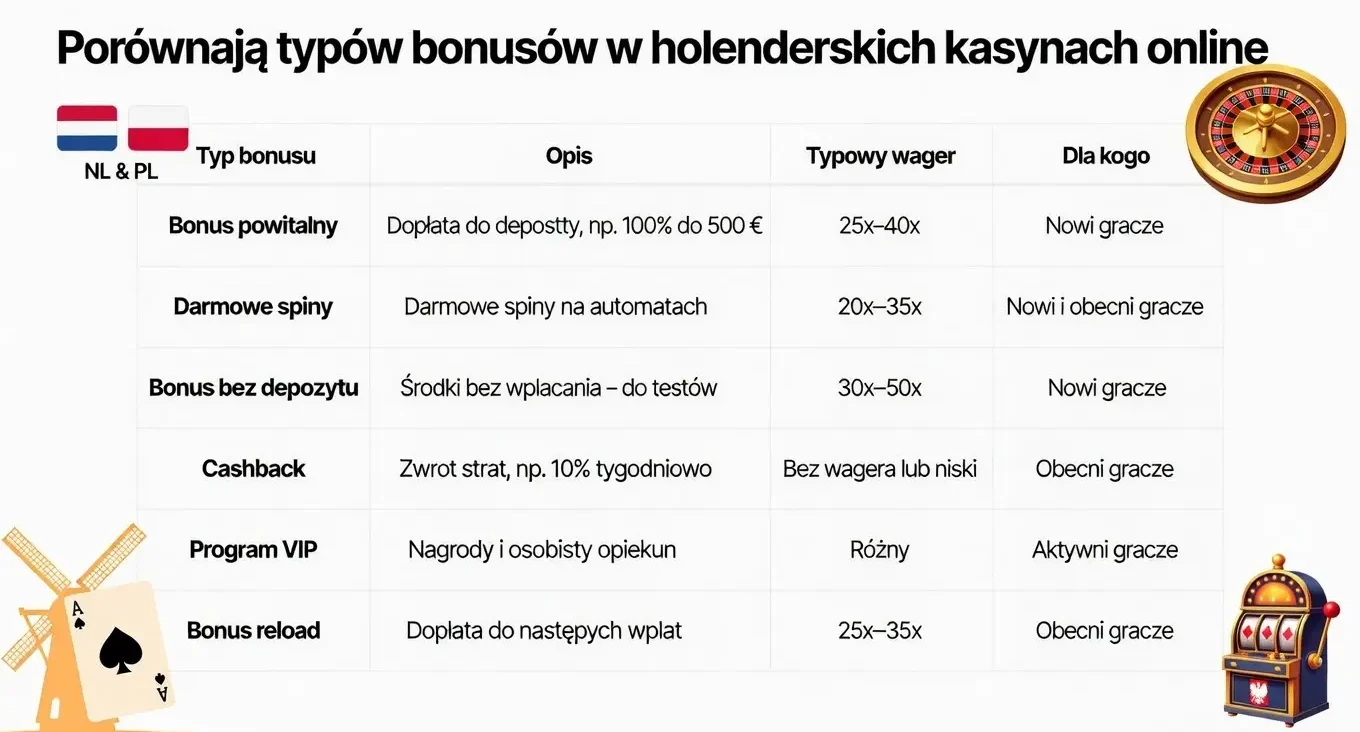Porównanie typów bonusów w holenderskich kasynach online